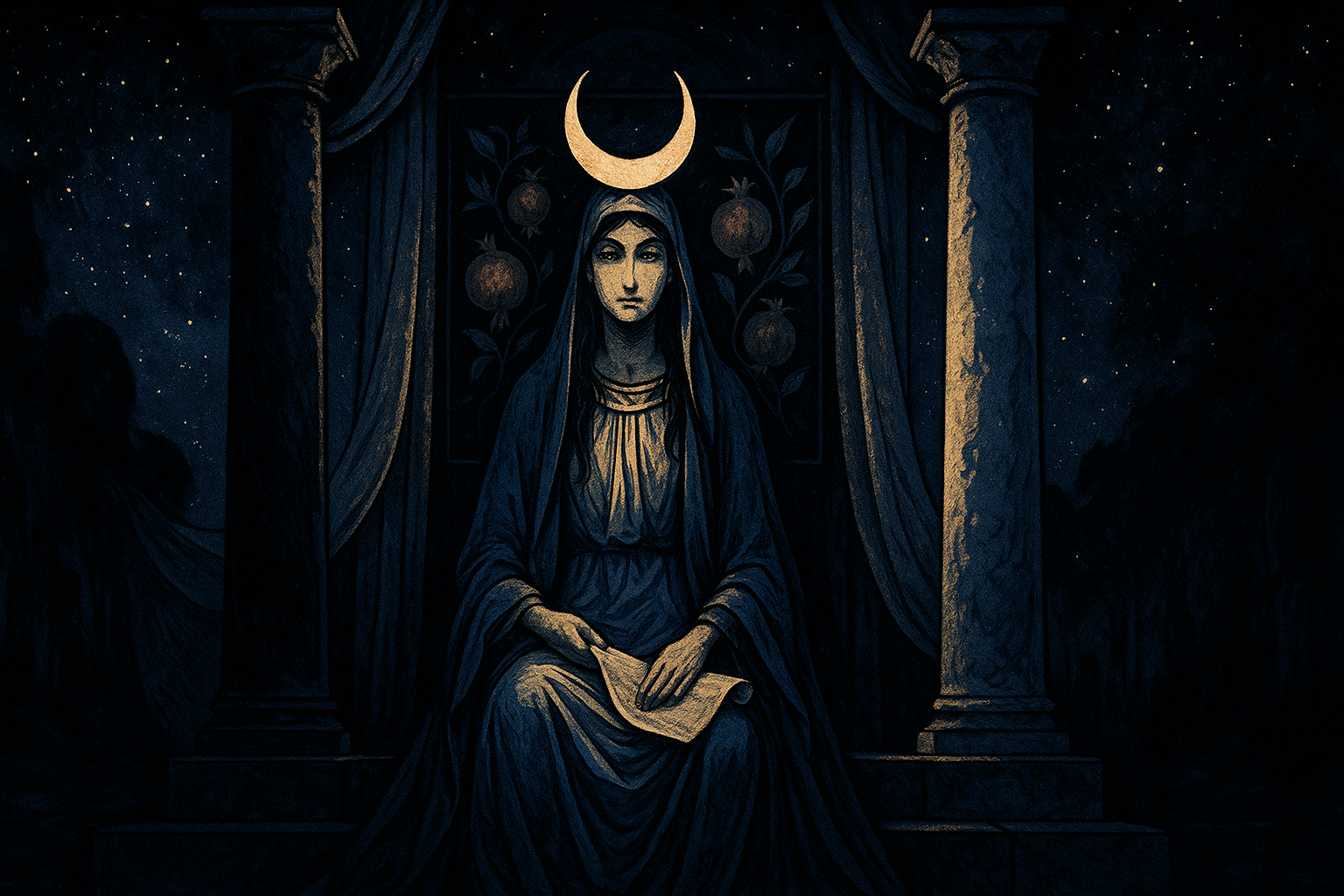 The High Priestess tarot card showing a serene woman in blue robes seated between two pillars with a crescent moon crown