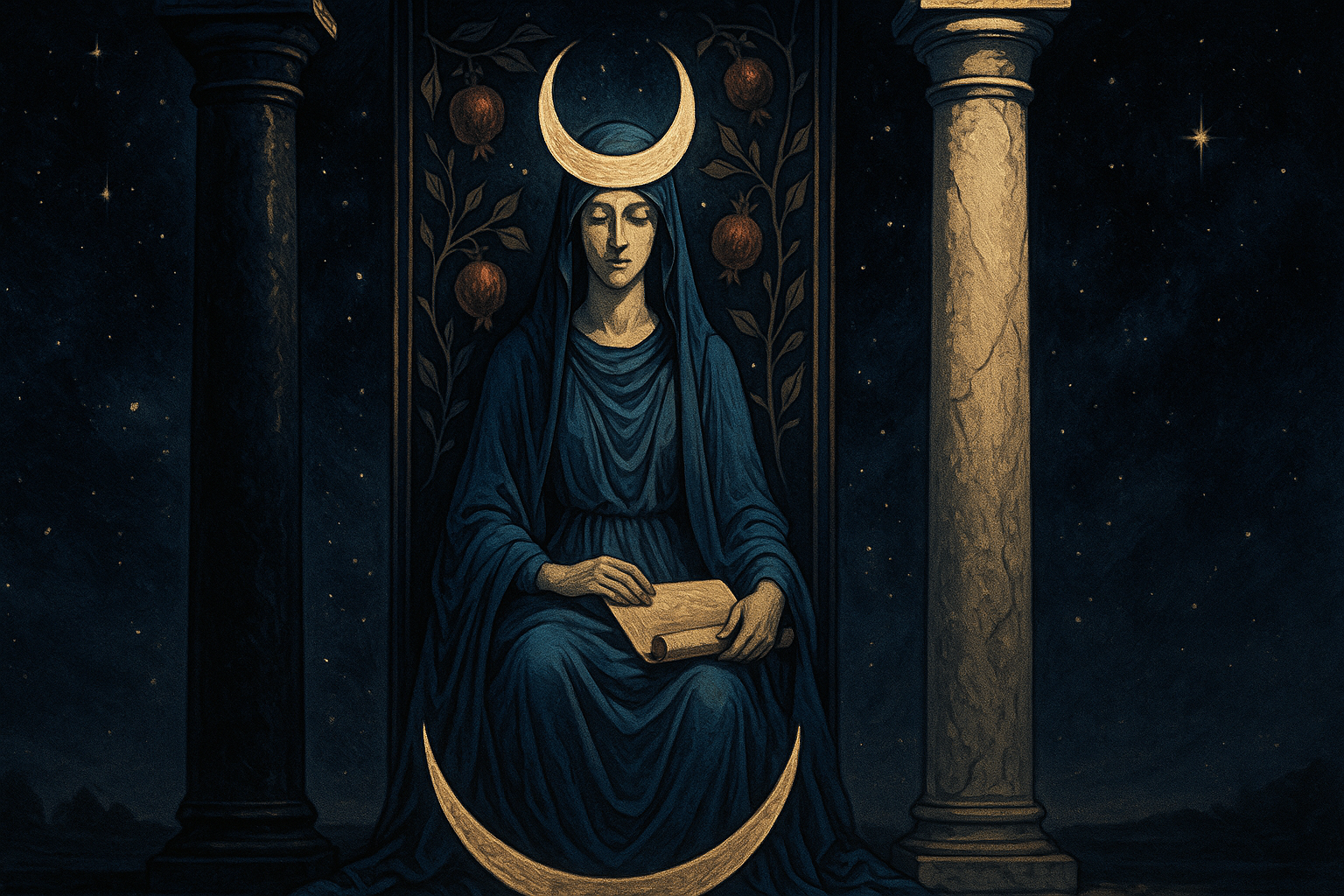 The High Priestess tarot card showing a woman in blue robes sitting between two pillars with a crescent moon crown