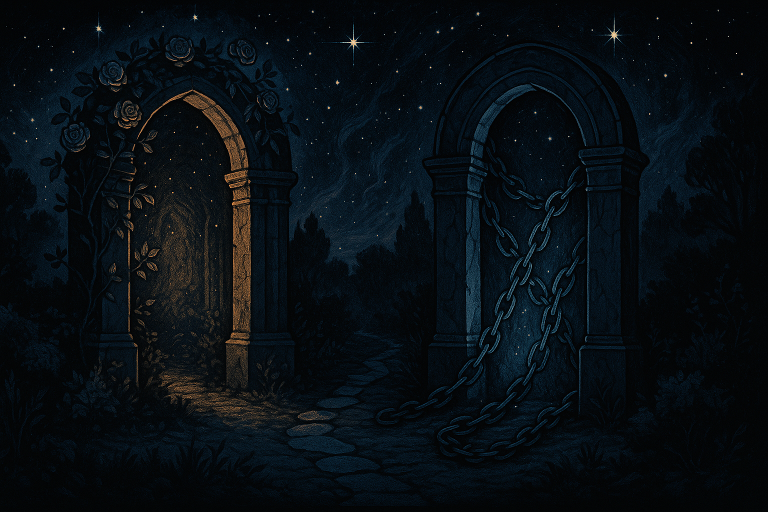 Two tarot cards side by side - The Lovers showing an angel above two figures, and The Devil showing chained figures below a horned creature