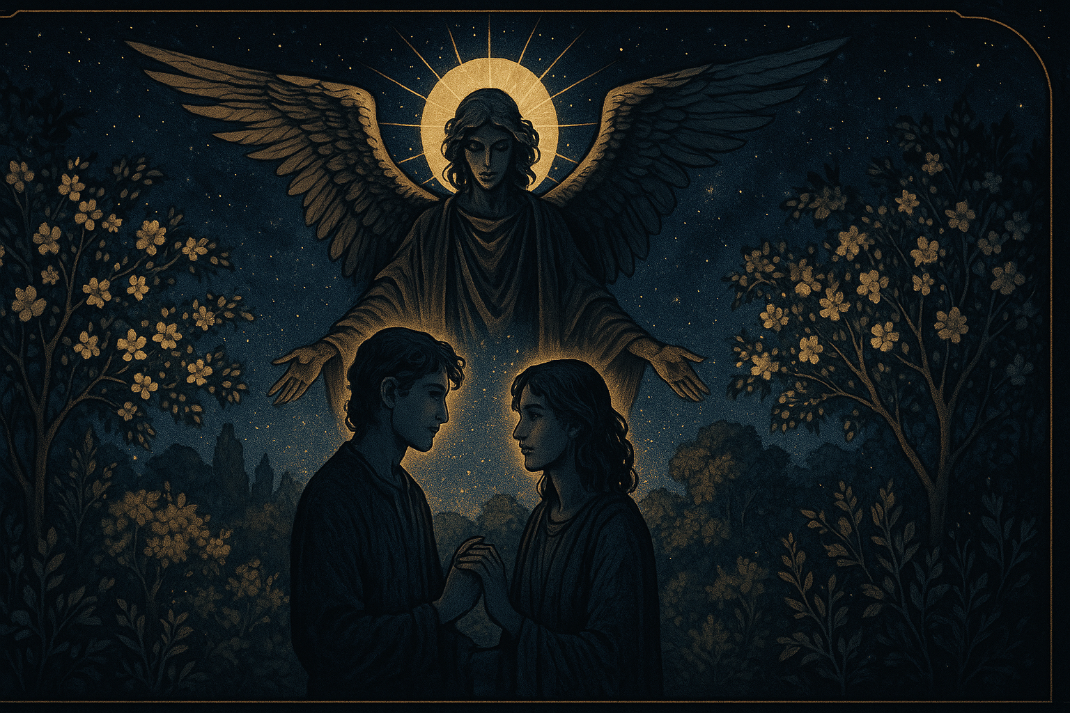 Two figures standing together under an angel's blessing, representing The Lovers tarot card as a person archetype