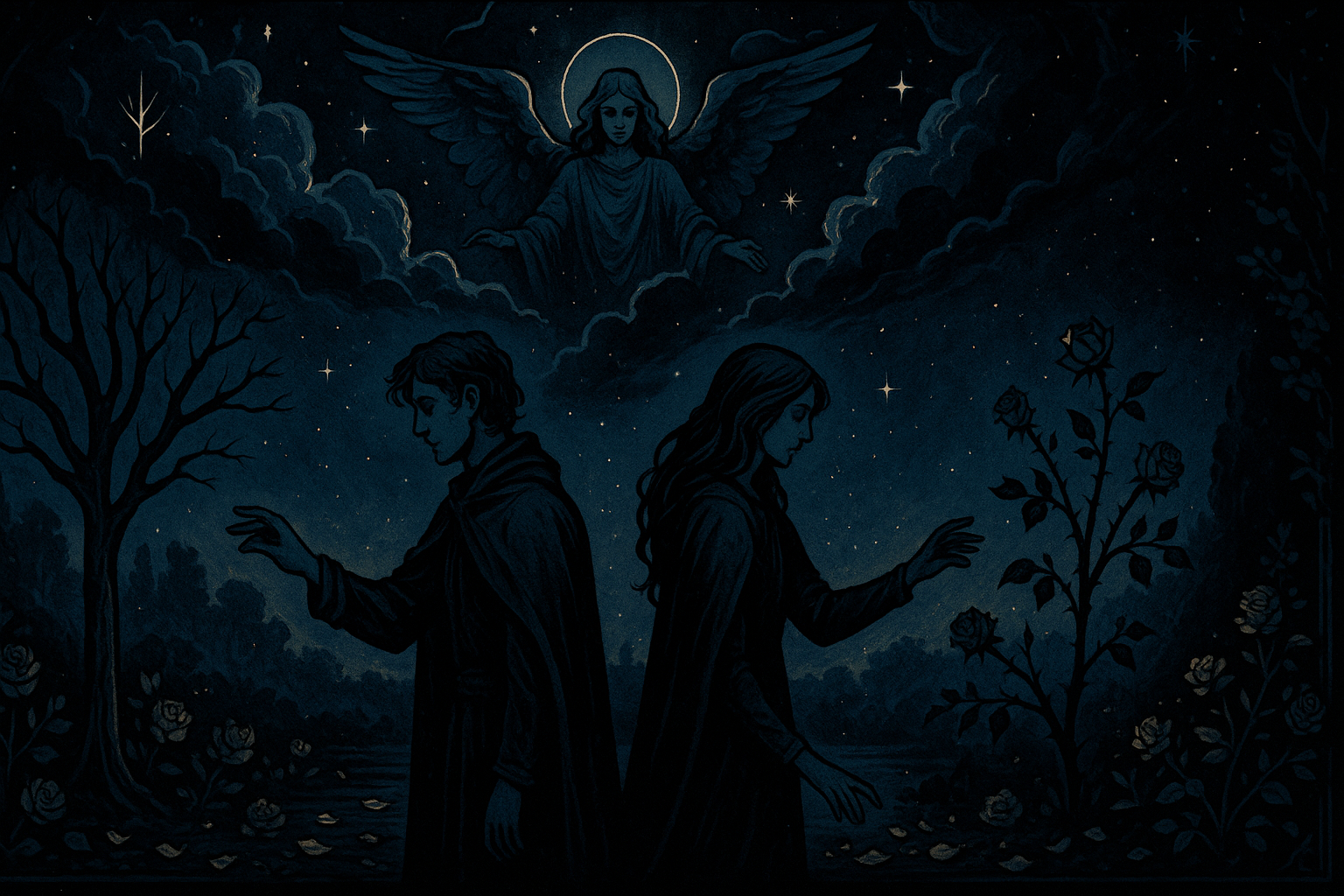 Two figures turning away from each other under a cloudy sky, representing disconnection and misaligned choices