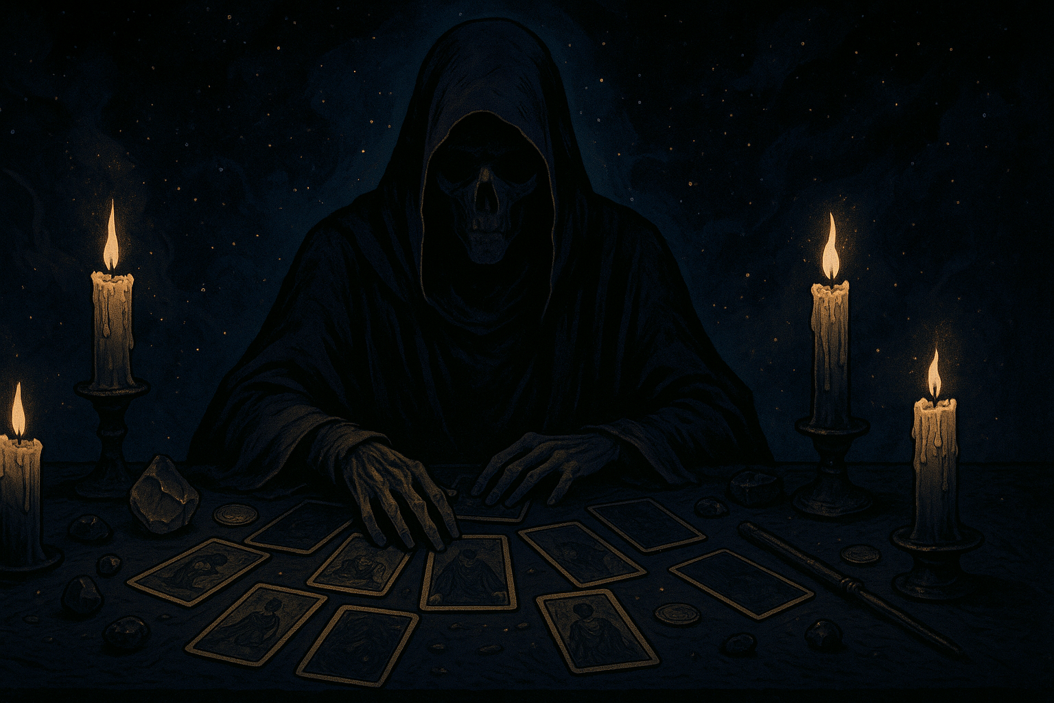 Tarot card showing The Magician reversed with scattered tools and dim lighting representing blocked energy and manipulation