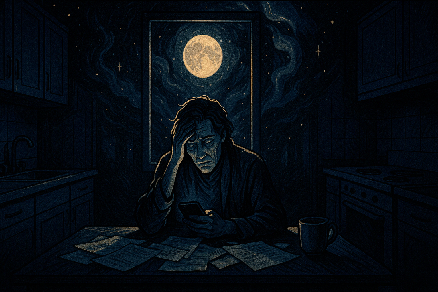 A person sitting by a window at night, looking contemplative and uncertain, with moonlight casting shadows across their face