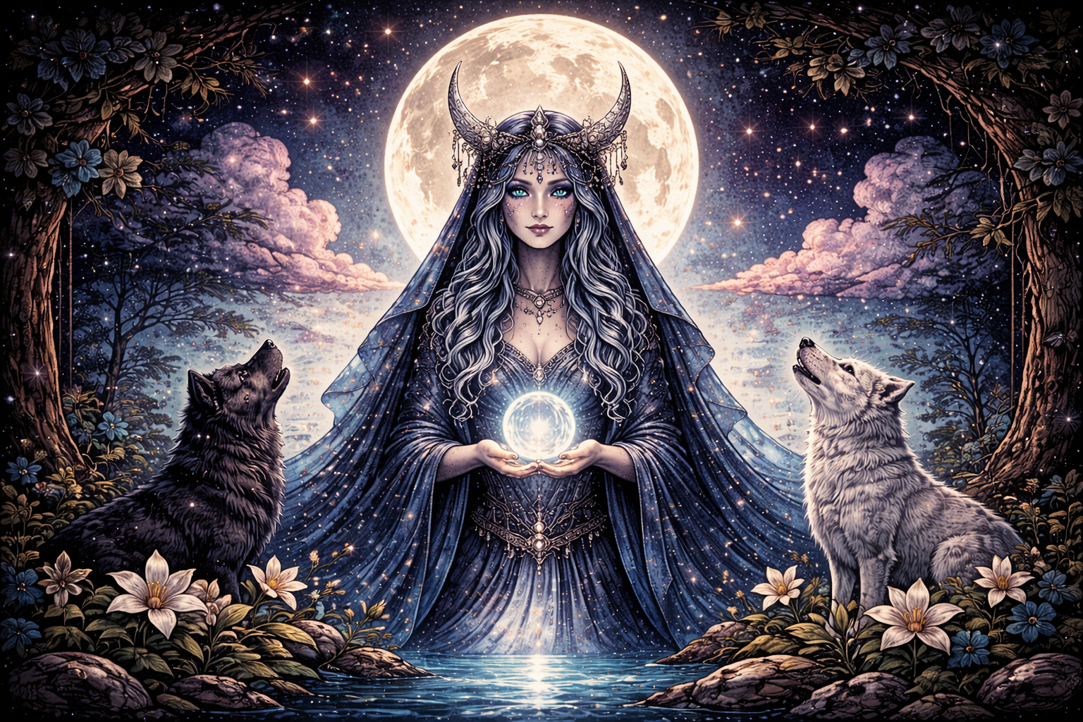 The Moon tarot card showing a mysterious figure walking between two towers under a full moon with a wolf and dog howling