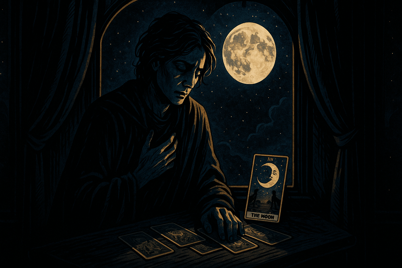 A person sitting by a window at night looking up at a full moon, their face partially in shadow showing contemplation and uncertainty