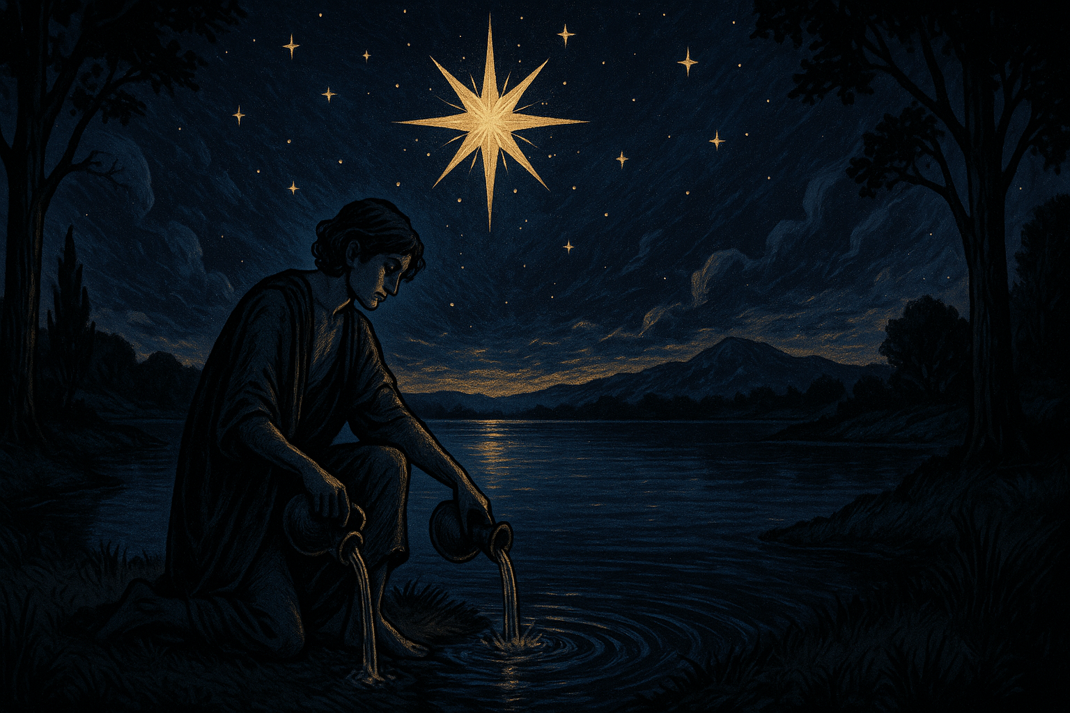 A serene person kneeling by a peaceful lake under a starlit sky, pouring water with gentle, healing movements
