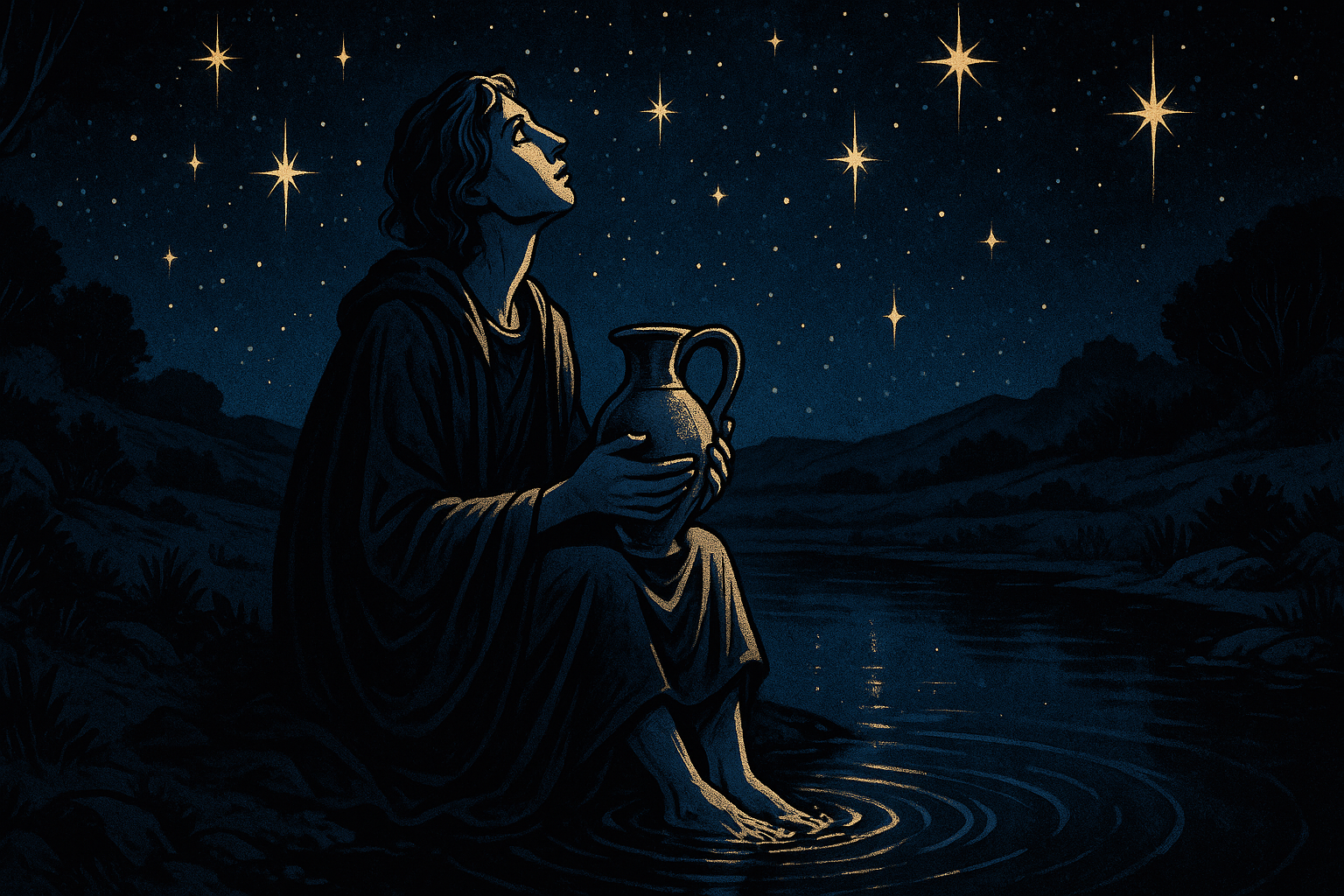 A person sitting by still water under a starlit sky, holding a pitcher and looking upward with peaceful expression
