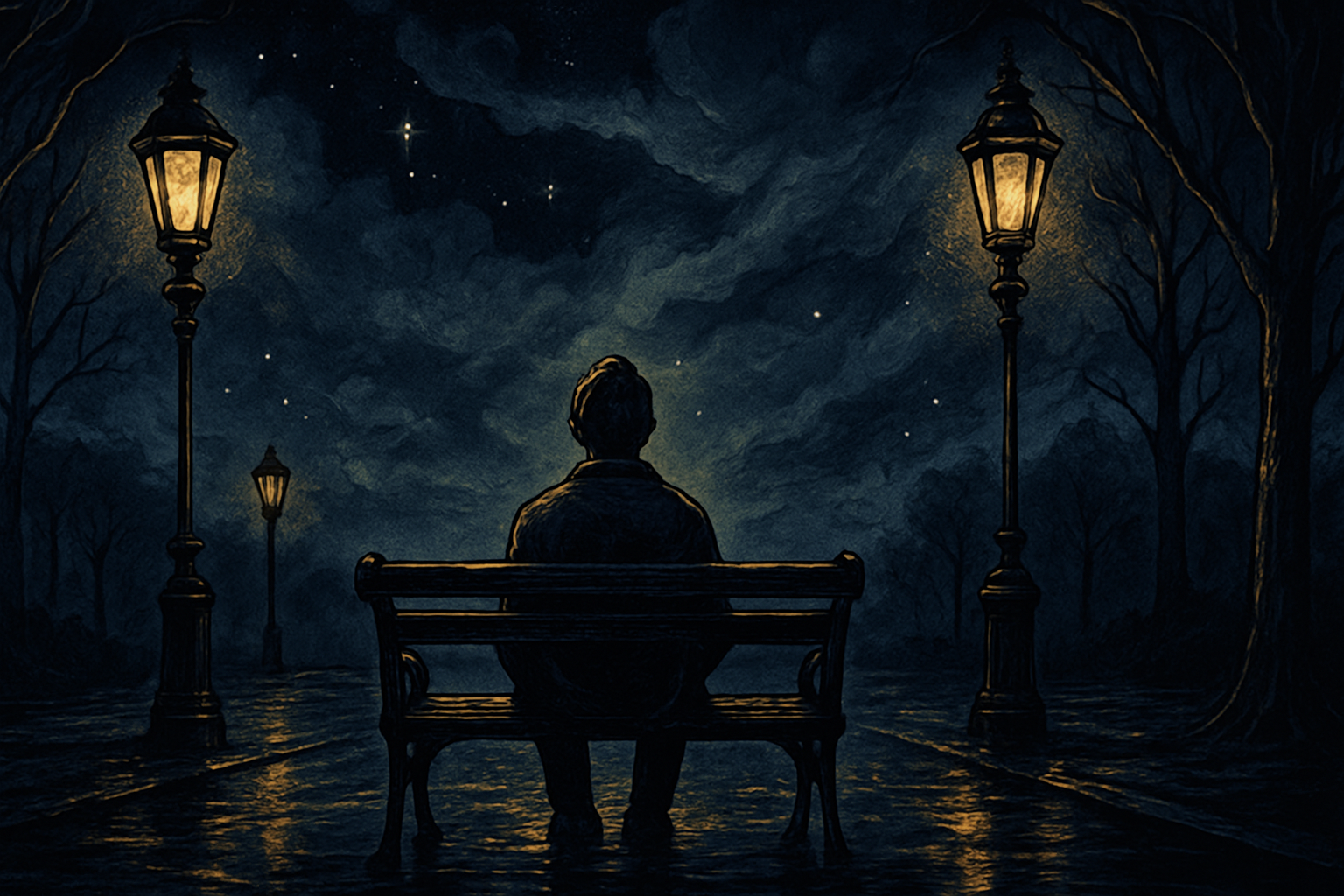 A person sitting alone at night looking up at a cloudy sky where stars are barely visible through the darkness