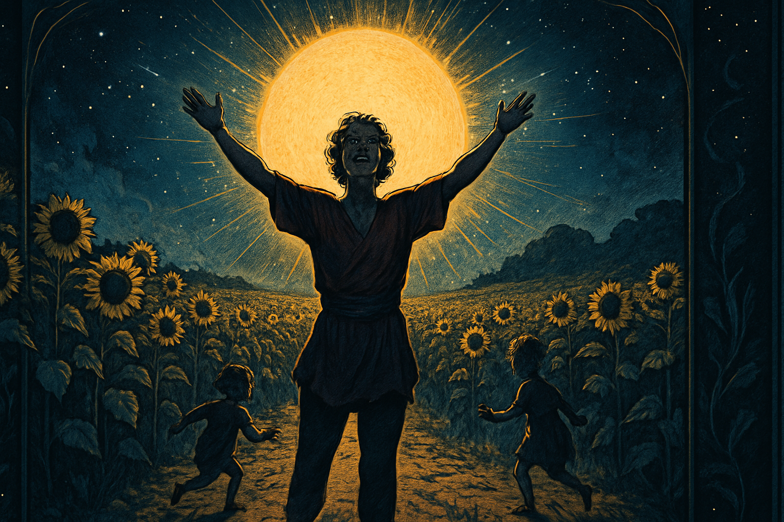 A bright, cheerful person with arms raised celebrating under golden sunlight with sunflowers in background