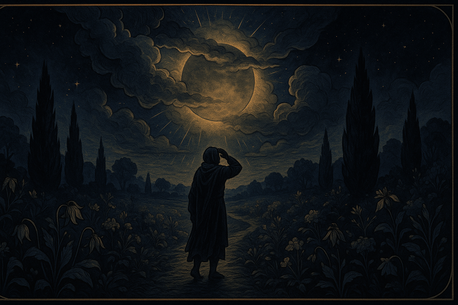 A dimmed sun card with muted yellow light filtering through clouds, showing a figure standing in shadow despite bright surroundings