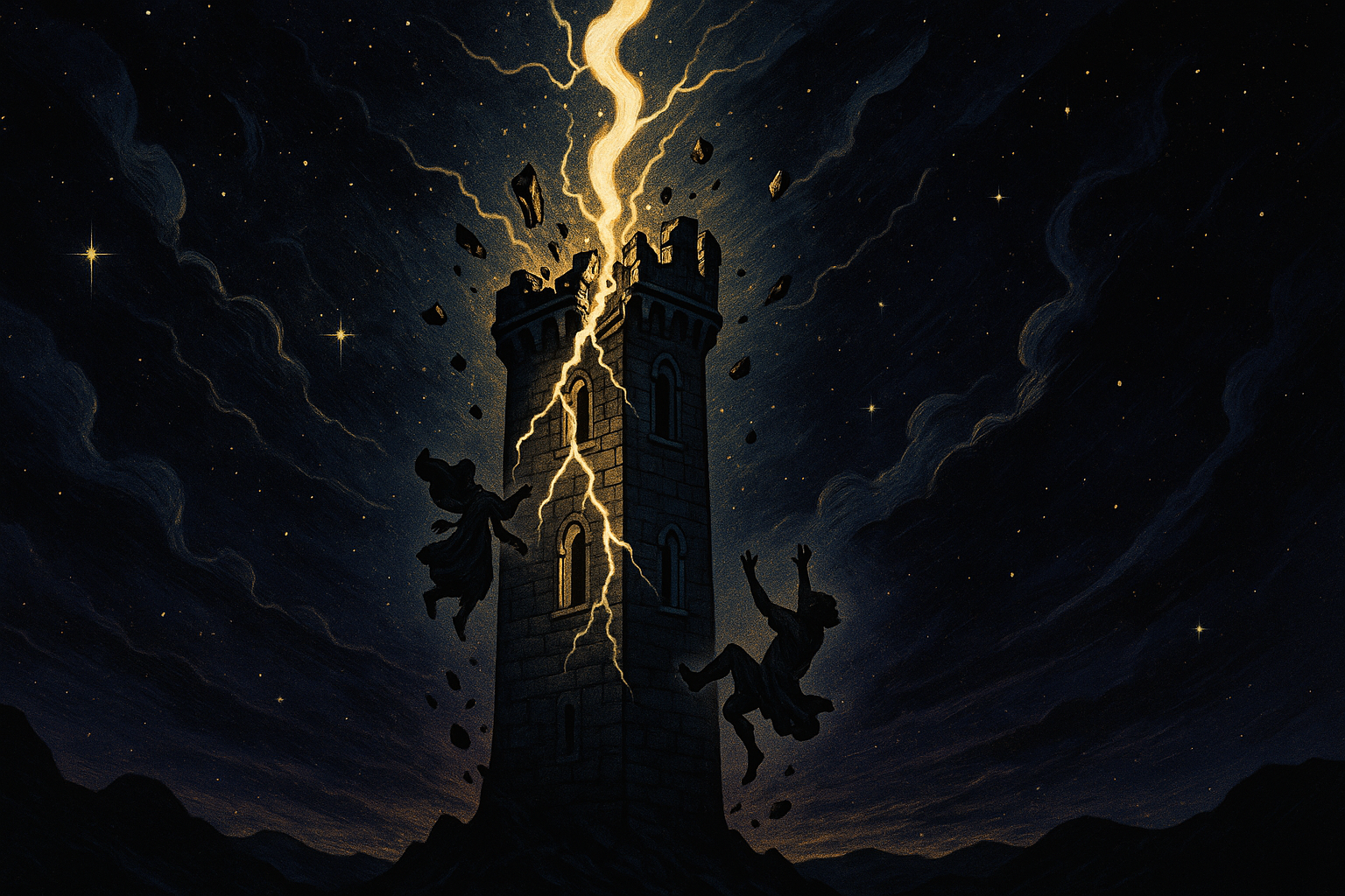 A crumbling stone tower with lightning striking it against a dark stormy sky, representing sudden emotional upheaval and revelation