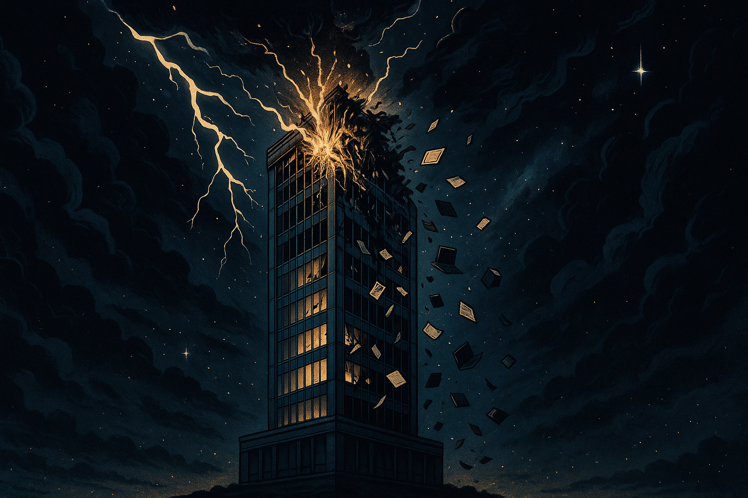 A tall corporate office building with lightning striking the top floor, papers and office items falling from broken windows