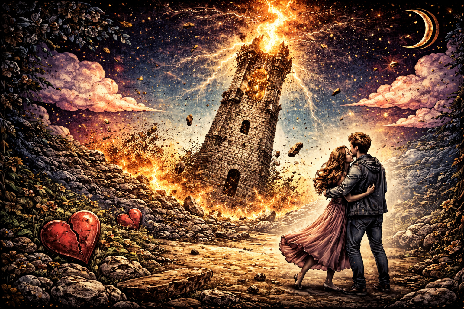 The Tower tarot card with lightning striking a tall stone tower, figures falling, against a dark starry background with ornate gold border