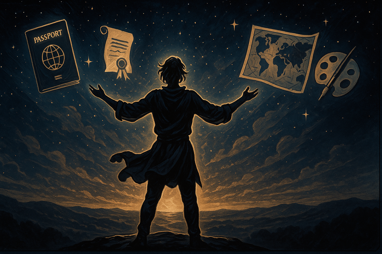 A confident person standing with arms outstretched against a backdrop of interconnected global symbols and achievement markers