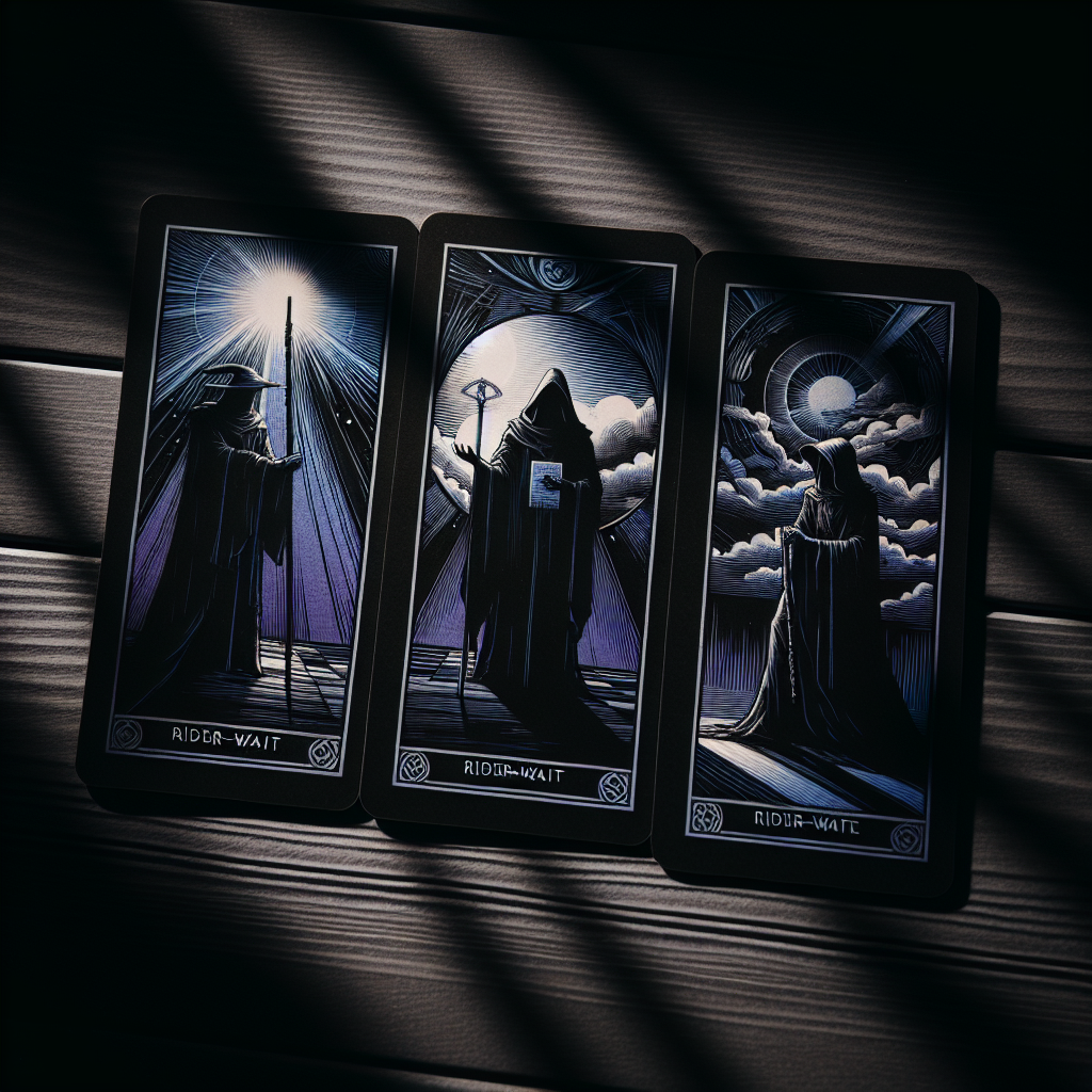 Three tarot cards arranged horizontally on a dark wooden table, showing the progression of before, during, and after positions