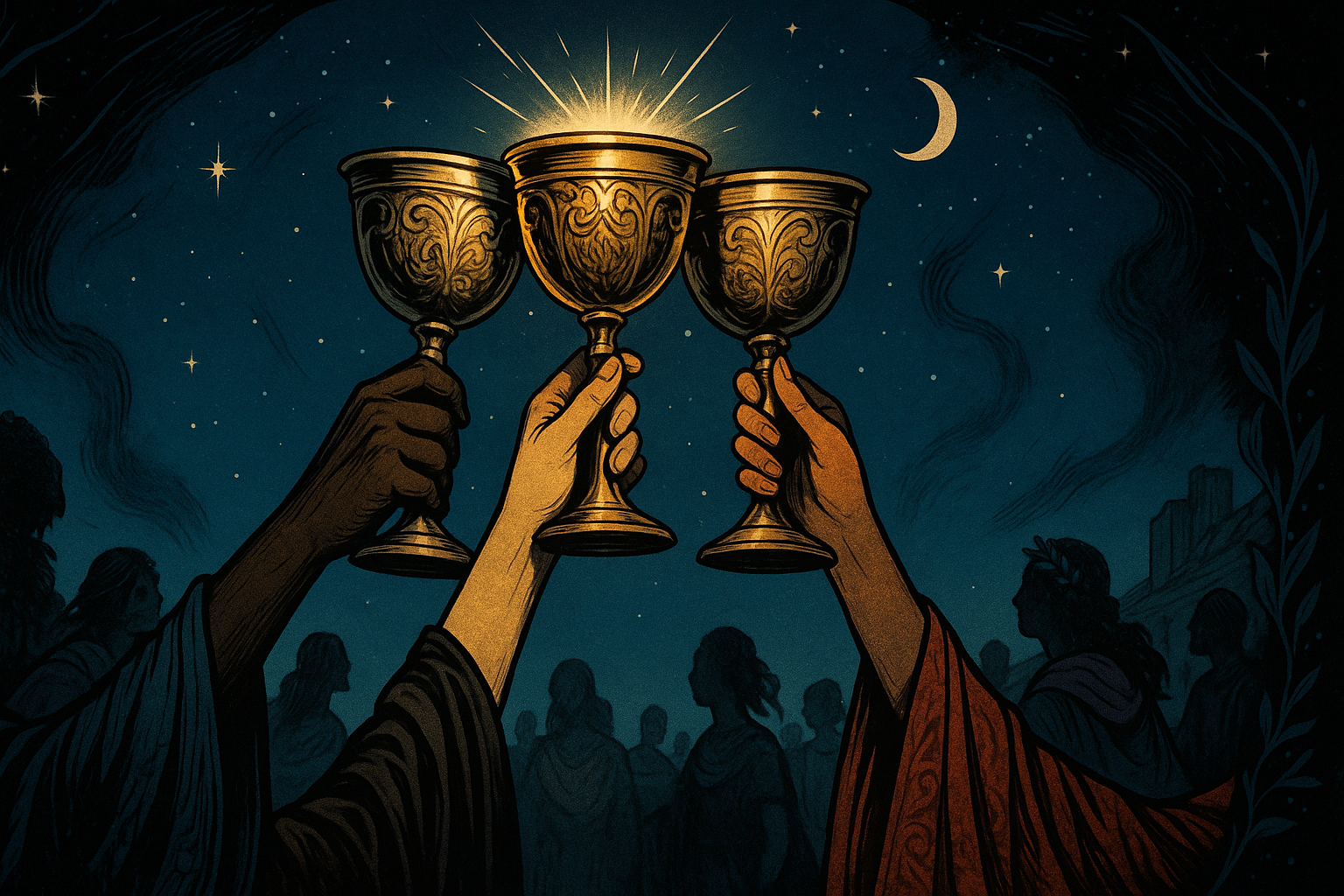 Three golden chalices raised in celebration against a bright sky with people's hands reaching toward them in joyful toast