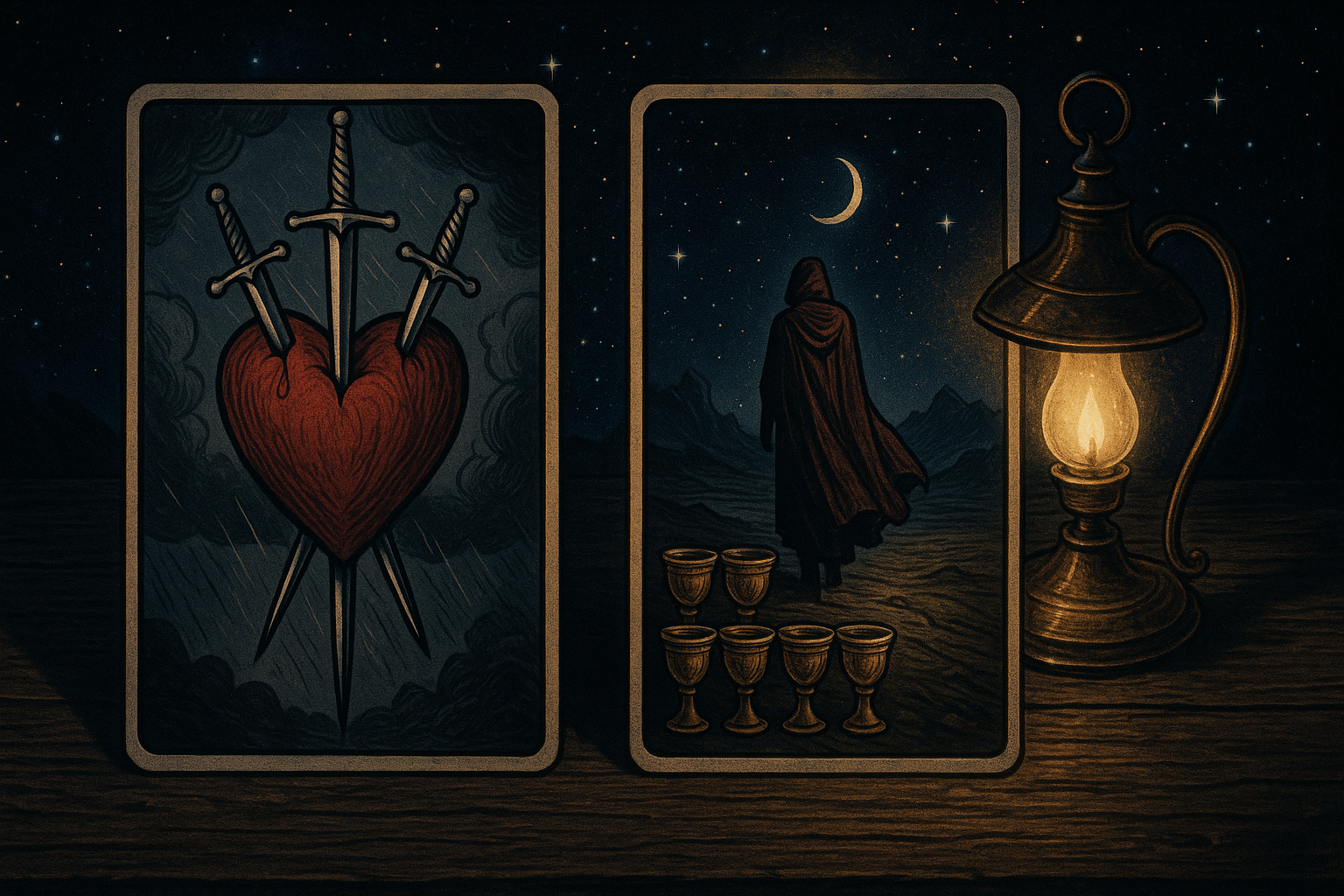 Three of Swords card showing a heart pierced by swords next to Eight of Cups card showing a figure walking away from cups