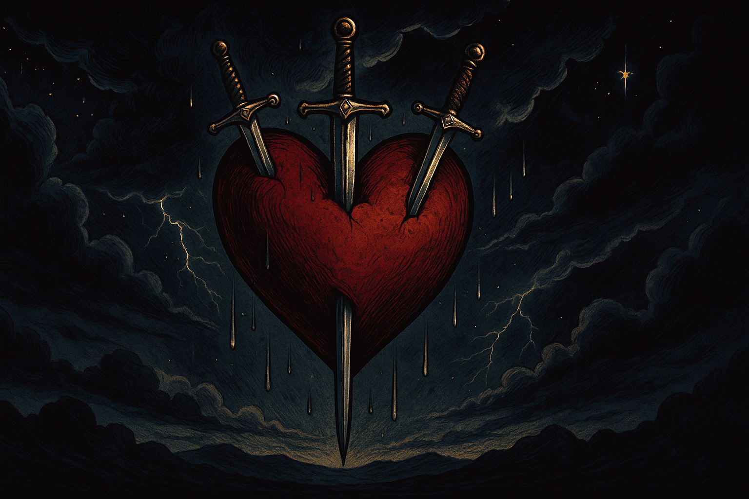 Three swords piercing a red heart against a stormy gray sky with rain clouds