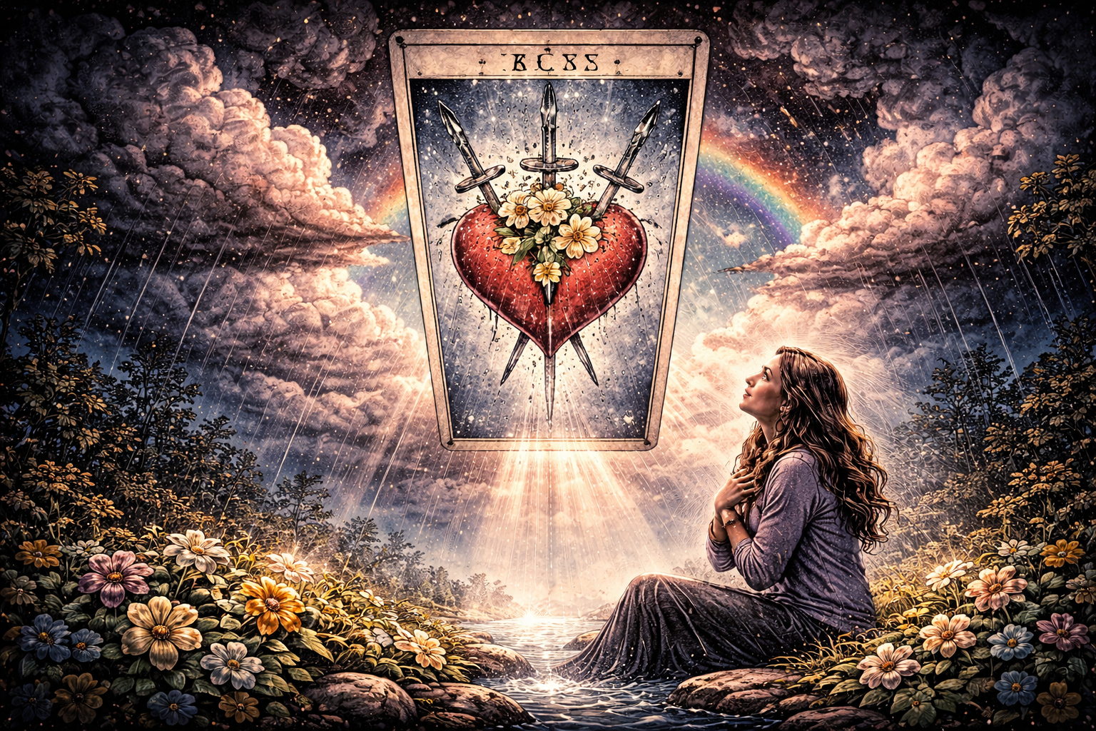 Three of Swords tarot card reversed showing a heart pierced by three swords against stormy clouds, with the card flipped upside down