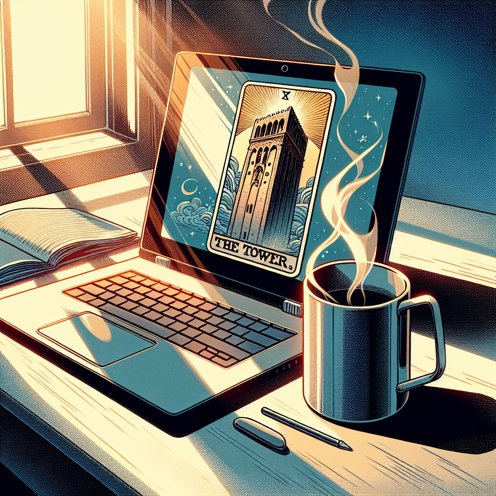 The Tower tarot card on a peaceful desk next to a coffee cup and laptop, showing contrast between card's dramatic imagery and calm setting