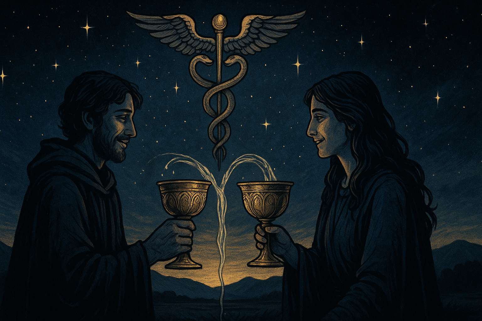 Two people holding ornate cups in a toast, with flowing water and a caduceus symbol overhead representing balanced emotional connection
