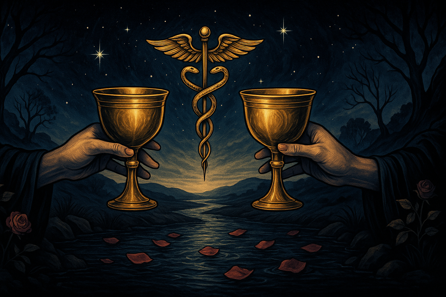 Two ornate golden cups held by hands reaching toward each other over flowing water with a caduceus symbol floating between them