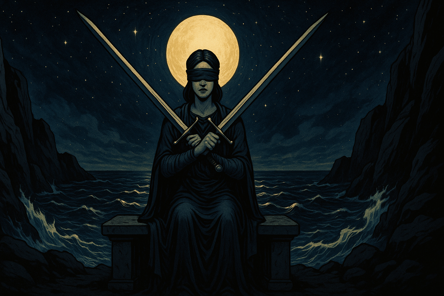 Figure seated with two crossed swords overhead, blindfolded, representing indecision in matters of the heart