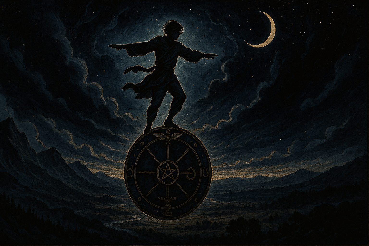 Person standing confidently on a large spinning wheel against a sky background, arms outstretched for balance