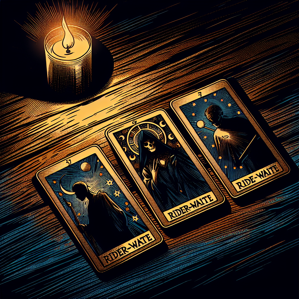 Three tarot cards spread on dark wooden table with soft candlelight casting shadows